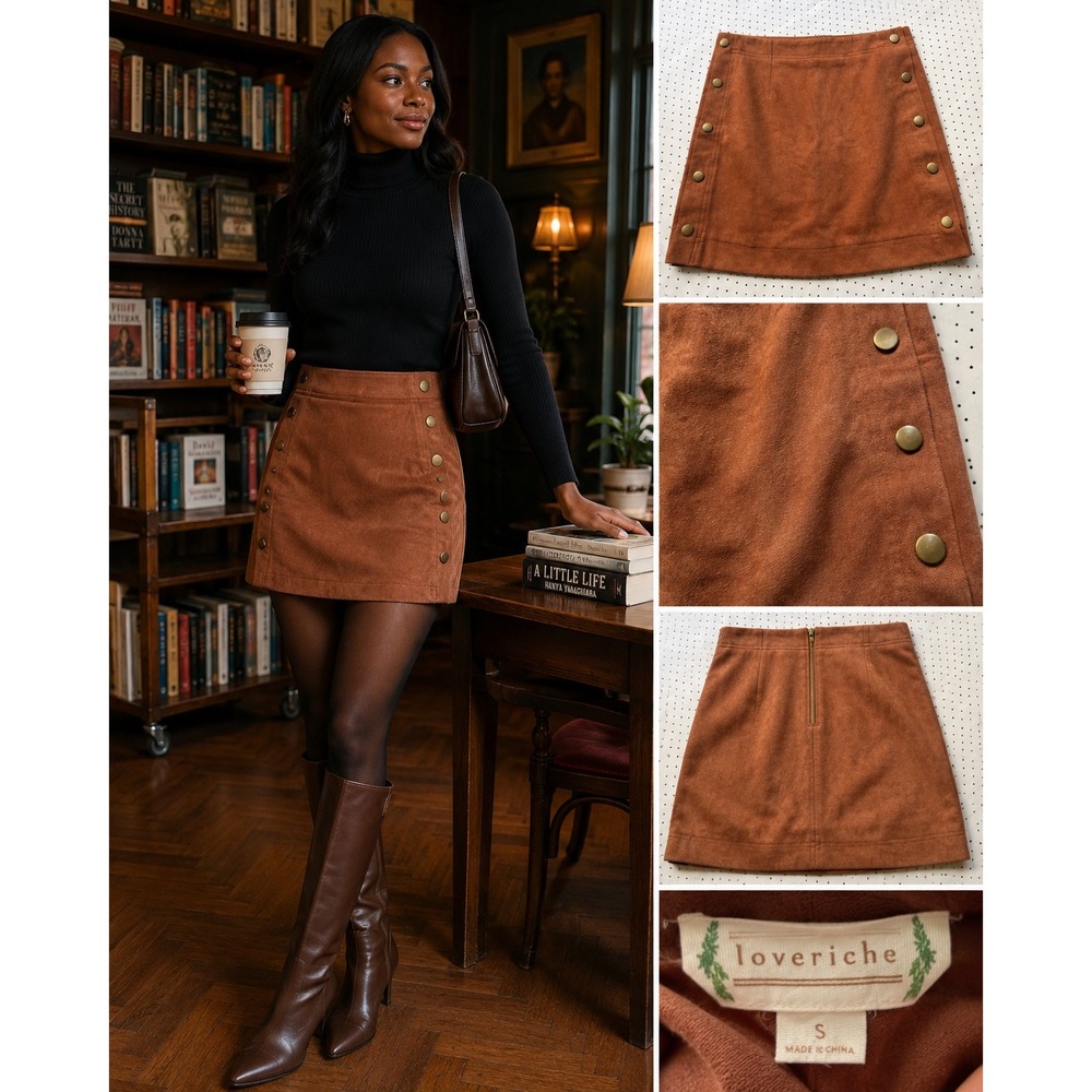 Loveriche Brown Faux Suede Look Mini Skirt Small Brass Snap Button A-Line Fall